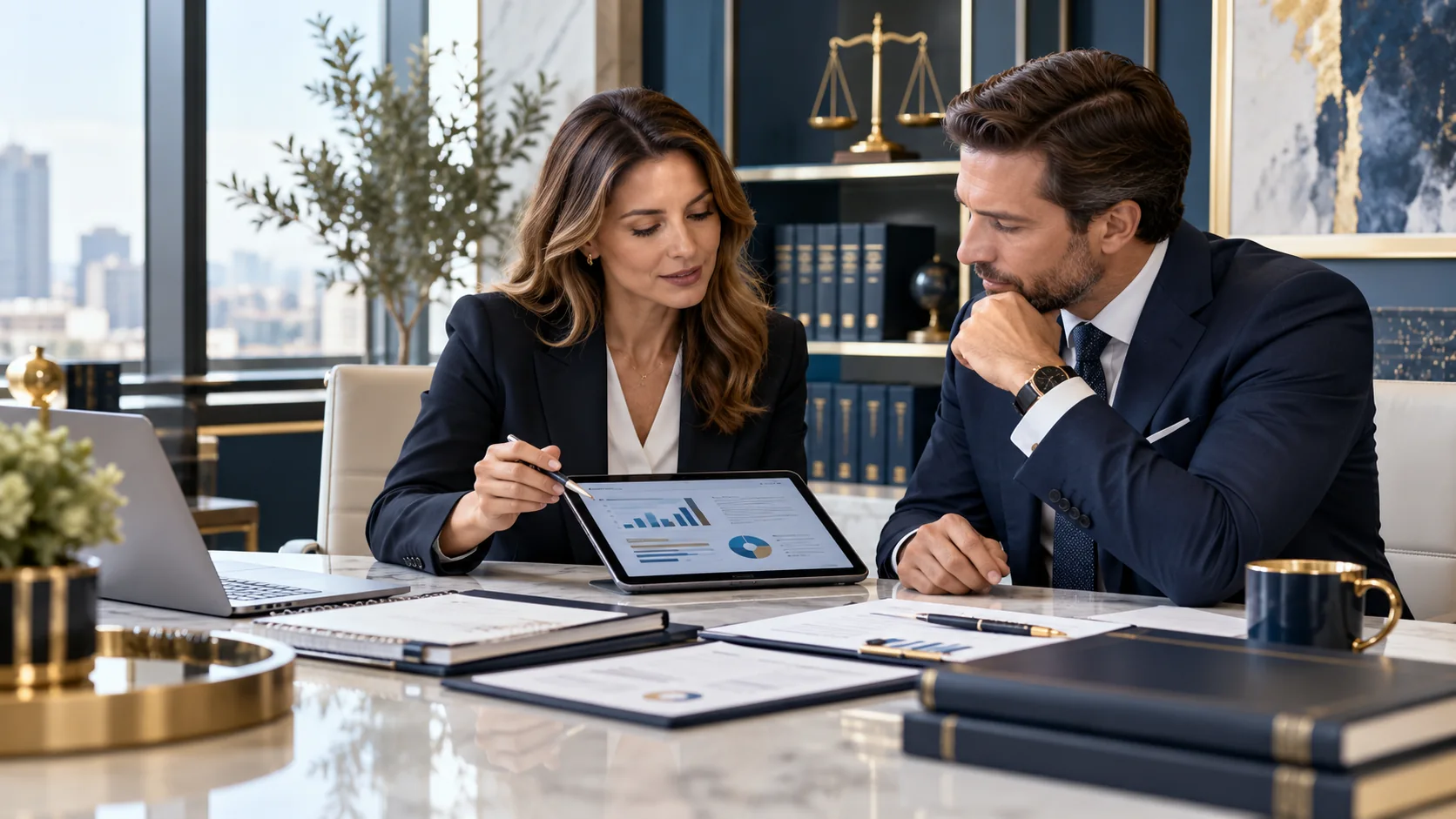Illustrative attorney and reporting specialist reviewing a payment reporting agreement together