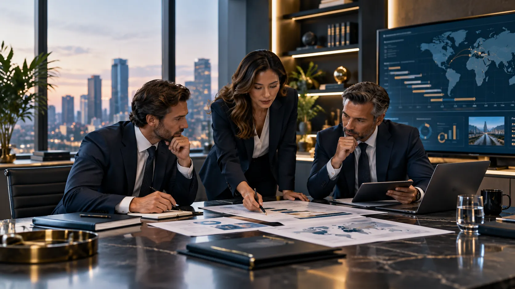 Illustrative bankruptcy law firm leadership meeting reviewing reporting administration plans