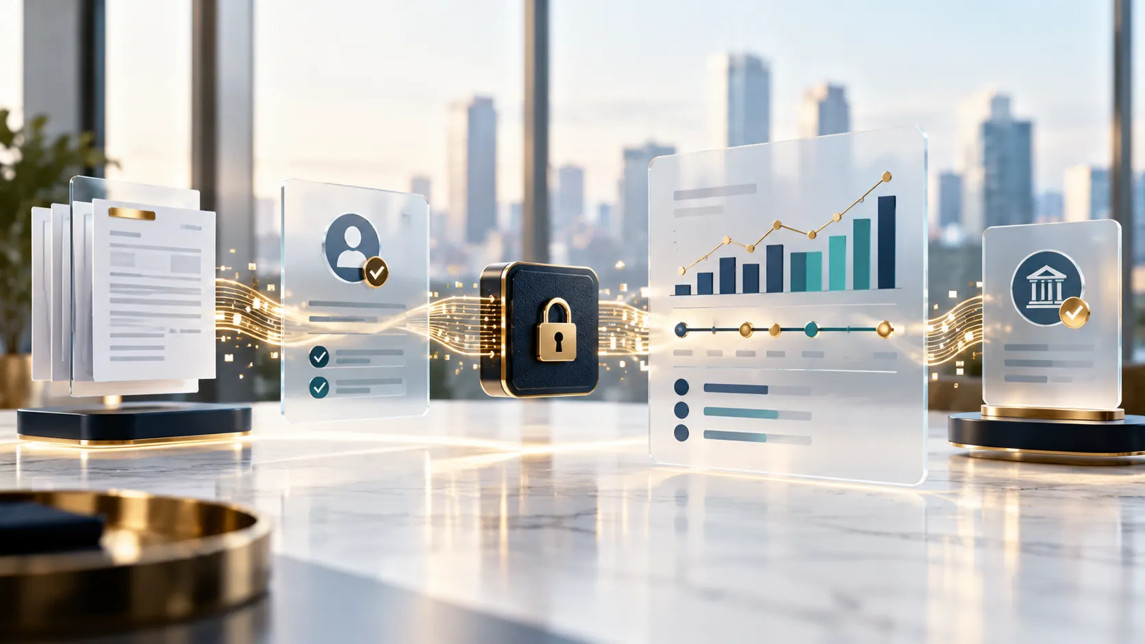 Concept illustration showing secure document intake, validation, account status records, and controlled reporting administration